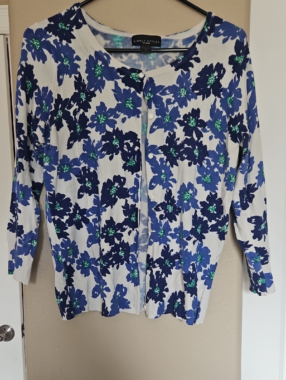 Simply Styled Women's Cream Cardigan with Blue Floral Print and Green Accents